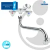 A chrome faucet spout with red and blue indicators for hot and cold water, presented on a white and light gray background with branding and informational overlays. Produktbild-Vorschau