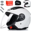 A white LS2 jet helmet with a clear visor, shown with its packaging and accessories. Anteprima dell’immagine prodotto