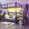 A modern loft bed setup in a room with neon lighting, featuring a sofa underneath and storage solutions. Produktbild-Vorschau