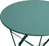 A close-up of a round, teal-colored metal bistro table with its folded legs visible underneath. Voir les images du produit