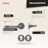 A diagram illustrating the features of a door handle set, with text callouts and images of the handle and keyhole escutcheons. Produktbild-Vorschau