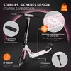 A pink and white scooter with various features highlighted by text and close-up images. Náhľad obrázku produktu