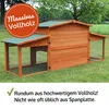 A wooden chicken coop with two attached runs, set up on a grassy lawn with trees in the background. Produktbild-Vorschau