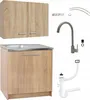 A kitchen cabinet set with a sink and faucet, along with various plumbing accessories, displayed against a white background. Voir les images du produit