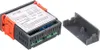 A digital temperature controller with its cover removed, showing the internal wiring terminals and a label with wiring diagrams and instructions. Produktbild-Vorschau