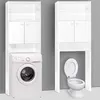 Two white storage units are shown against a light gray background. The unit on the left contains a washing machine. The unit on the right is positioned over a toilet. Náhled obrázku produktu