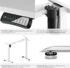 Collage of images showing details of a white height-adjustable desk frame, including the control panel, cable management, leg structure, and leveling feet. Náhled obrázku produktu