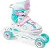 A pair of white, turquoise, and pink roller skates with three wheels on each skate, presented against a white background. Produktbild-Vorschau
