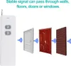 A remote control is shown next to illustrations of doors and a brick wall, with signal waves indicating its range. Náhľad obrázku produktu