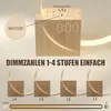 A wooden alarm clock with a digital display and a curved light strip, shown with multiple brightness levels and a snooze button. Produktbild-Vorschau