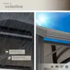 A split image showing a grill pavilion in rain and sun, with text overlays highlighting features. Náhled obrázku produktu