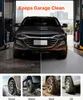 A car is shown in a garage, with the left side of the image showing the car on a dirty floor and the right side showing the car on a clean, patterned floor. Below are four smaller images of car tires in different conditions: snow, water, mud, and oil. Anteprima dell’immagine prodotto