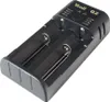 A black battery charger with two slots for batteries. Produktbild-Vorschau