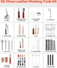 A collage of various leather working tools and supplies, each item labeled with its quantity and name. Produktbild-Vorschau