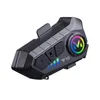 A black and gray motorcycle helmet Bluetooth headset with colorful LED lights. Produktbild-Vorschau