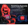 A red and black gaming chair is shown, with text overlays highlighting its ergonomic features. A close-up inset shows a lumbar support cushion. Produktbild-Vorschau