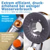 A collage of images showcasing a shower head and its features, with German text overlays. Produktbild-Vorschau