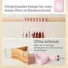 A collage image showcasing pink baby clothes hangers and wooden hangers, with text highlighting their space-saving design. Produktbild-Vorschau