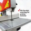 Close-up of a bandsaw with a text overlay highlighting a feature. Produktbild-Vorschau