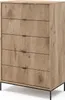 A tall, five-drawer dresser with a ribbed wood-grain finish and black metal legs, shown against a white background. Podgląd zdjęcia produktu