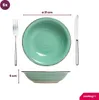 A set of green plates and cutlery with dimensions indicated. Náhled obrázku produktu