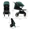 A collage of images showing a green stroller from different angles with dimensions indicated by text and lines. Produktbild-Vorschau
