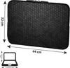 A black laptop sleeve with dimensions indicated by measurement lines and text. A small diagram of a laptop is also shown with its maximum dimensions. Produktbild-Vorschau