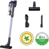 A collage showing a purple Samsung cordless vacuum cleaner, its attachments, and certification logos. Voir les images du produit