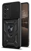 A black protective phone case with a camera cover and a ring holder is shown next to a smartphone. Produktbild-Vorschau