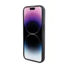 A black iPhone case with a silver metallic logo is shown against a white background. The phone screen displays a purple and blue gradient wallpaper. Produktbild-Vorschau