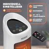 A close-up marketing image of a white ceramic heater with a digital display and a remote control. Produktbild-Vorschau