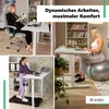 A collage of four images showing people using adjustable desks in different settings: working on a laptop while sitting, working on a laptop while standing, exercising on a treadmill while working, and sitting on an exercise ball while working. Produktbild-Vorschau