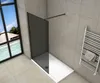 A modern bathroom with a walk-in shower, a towel rack, and a large window overlooking a tropical scene. Produktbild-Vorschau