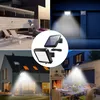 Collage of images showing solar lights installed in various outdoor settings, including a patio, garage, house exterior, and an outdoor dining area. Produktbild-Vorschau
