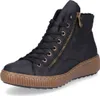 A black high-top sneaker with a brown sole and gold zipper. Produktbild-Vorschau
