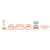 A collection of dollhouse furniture, including a lamp, sofa, armchair, and coffee table, arranged on a white background. Podgląd zdjęcia produktu