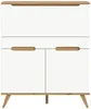 A white and wood secretary desk with two doors and wooden handles, standing on angled wooden legs. Produktbild-Vorschau