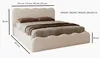 A beige upholstered bed with a scalloped headboard and frame, shown with dimensions indicated by text overlays. Náhled obrázku produktu