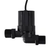 A black water pump with threaded connectors on both sides and a black cable extending from the top. Voir les images du produit