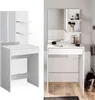 A white vanity table with a mirror and shelves, shown from two angles. Podgląd zdjęcia produktu