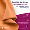A close-up of orange fabric with marketing text and icons. Produktbild-Vorschau