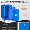 A blue insulated food container is shown with its door open, revealing its interior and construction details. Text overlays highlight features and materials. Náhľad obrázku produktu