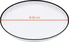 A white oval plate with a black rim, with a red arrow indicating its diameter and the text "Ø 25 cm". Produktbild-Vorschau