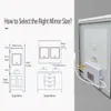 Diagrams illustrating how to select the right mirror size for a bathroom, showing measurements for single and double mirror setups, alongside a close-up of the back of a lighted mirror with its electrical components. Podgląd zdjęcia produktu