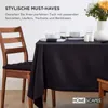 A dining table set with a black tablecloth, plates, bowls, glasses, and salt and pepper shakers, with a wooden chair with a black cushion in the foreground. Náhled obrázku produktu