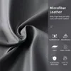 A close-up of grey microfiber leather with marketing text and icons describing its features. Voir les images du produit
