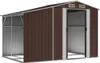 A brown metal shed with silver trim and double doors is shown from a slightly angled front view. Náhľad obrázku produktu