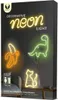 The image shows the packaging for decorative neon lights, featuring illustrations of a banana, a dinosaur, and a cat. Voir les images du produit
