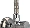 A close-up view of a chrome-plated angle valve with a braided hose attached. Produktbild-Vorschau