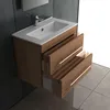 A modern bathroom vanity with a sink and open drawers, mounted on a dark tiled wall. Produktbild-Vorschau